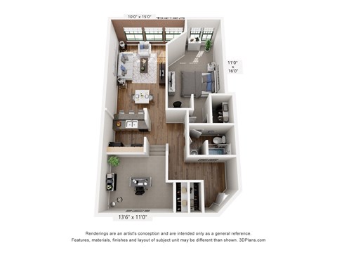 Floor plan for 1 bed, 1 bath, 1056 sqft